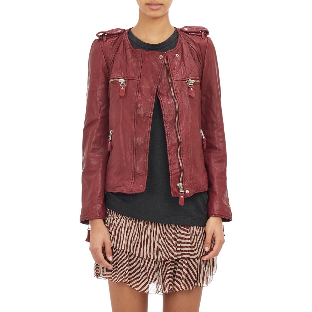 Isabel Marant Deep Red “Kady” Leather Quilted Biker Jacket